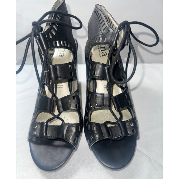 Ana Ravi Black Cutout Lace-Up Heeled Sandals With Peep Toe & Block Heel Size 8M - Picture 2 of 7